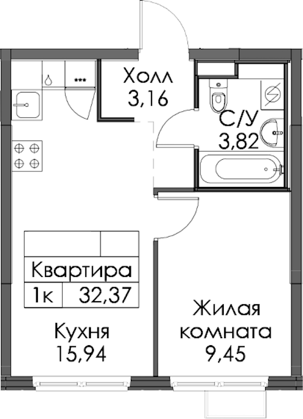 1-комнатная квартира 32.37 м², 11/12 эт., ЖК «Таллинский парк»